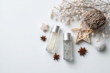 Essential oil bottles flat lay winter aromatherapy concept