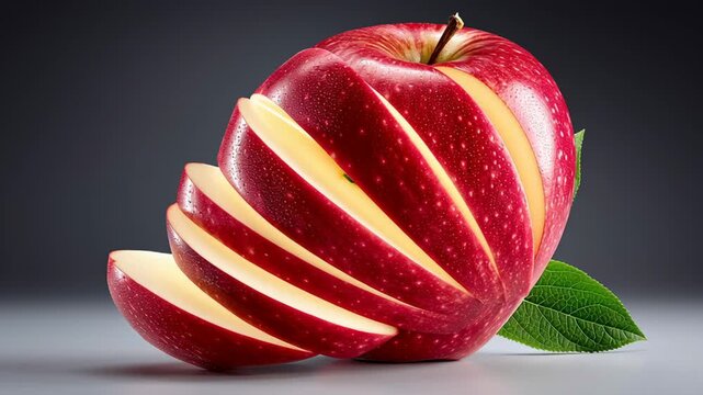 A sliced apple with a stem and leaf on top. The apple is cut into slices and arranged in a way that it looks like a piece of art