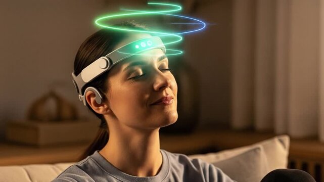 Woman wearing brainwave headband with digital soundwave technology, relaxed calm peaceful