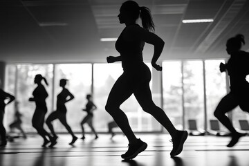 Group of individuals running indoors during a fitness class in a bright gym setting