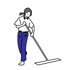 清掃員がモップを使って床を丁寧に掃除する様子を描いたイラスト｜施設やオフィスの日常清掃を表現した親しみやすいシンプルな人物