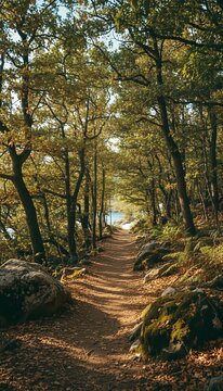 Winding forest path leads through dense green trees with dappled sunlight, eventually opening up to a serene body of water in the distance.