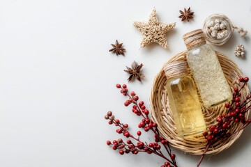 Essential oil bottles flat lay winter aromatherapy concept