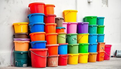 Stack of colorful plastic buckets leaning against a wall, stack of buckets, home improvement