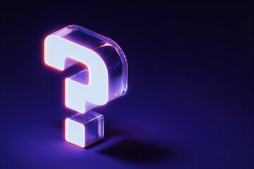 Glowing 3D Question Mark, Neon Purple Violet Light, FAQ Customer Support, Help Quiz Mystery Solution, Copy Space, Futuristic Digital Query Icon, Dark Background, Business Problem Answer Symbol