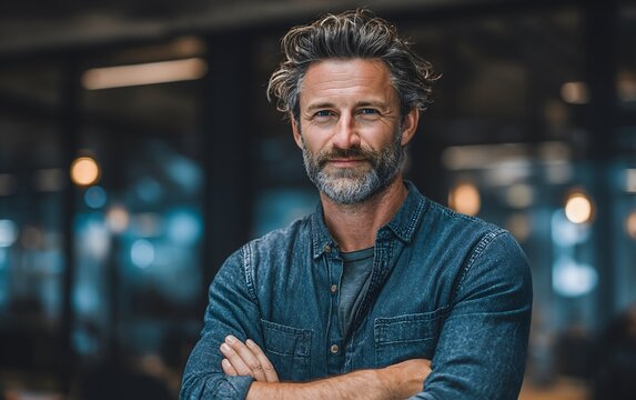 Startup founder with beard standing confidently with arms crossed in a professional setting