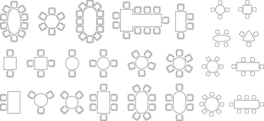 Table and Chair Top View Plan, Office and Restaurant Seating Layout Vector Collection © Rahib