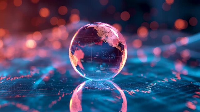 Glowing Crystal Globe Earth Hologram Digital Network Data Grid Blue Orange Reflection