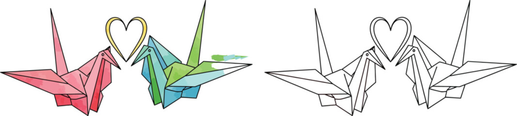 Origami Cranes Forming a Heart Symbol of Love and Longevity Illustration