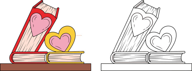 Romantic Books with Heart Designs Valentines Day Reading Illustration
