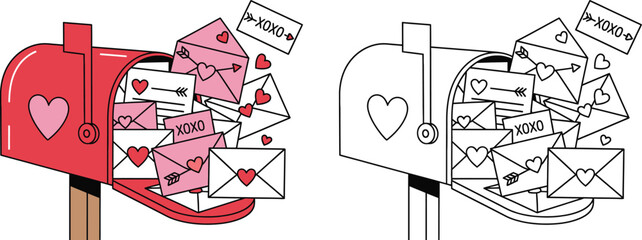 Valentines Day Mailbox Overflowing with Love Letters and Hearts Cartoon Illustration