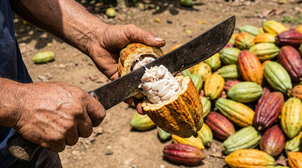 Close-up of farmer's hands using a machete to open a fresh cocoa pod, revealing raw cacao beans. Colorful pods gathered in the background