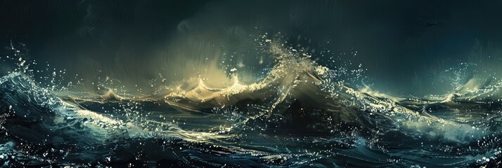 The waves under the night starry sky are gently shimmering in the rays of moonlight. Beautiful night landscape.