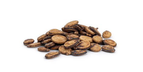 Obraz premium Dried watermelon seeds forming a small pile on a solid white surface