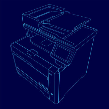A detailed blueprint of an office printer or MFP device, showing its internal components and external contour on a solid blue technical background.