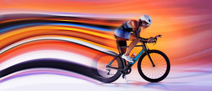 Graphic composition of professional cyclist racing through abstract speed lines. Concept of sports marketing campaigns, fitness ads, endurance training promo, and cycling event branding. - Powered by Adobe