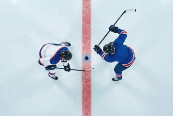 Top view of ice hockey faceoff at center line on rink. Concept of tactical gameplay visuals, sports broadcast graphics, coaching analysis materials, education content, competitive sport ads.