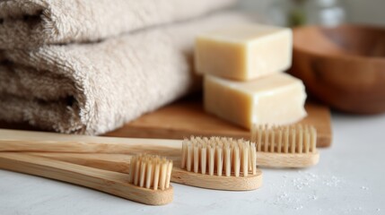 Natural dental care setup with eco-friendly toothbrushes and soap on a wooden table