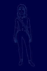 Fototapeta premium A confident woman in a deep blue dress and neat bun stands against a dark background. She carries a bag, her hands clasped and gaze directed to the side with a slight smile.