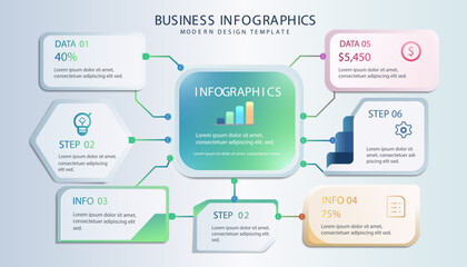 Business infographic template with connected information cards, icons, and data blocks around a central panel on a light background. Vector layout for presentations, reports, and corporate communicati