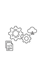 Technology concept showing cloud, gears, and code icons representing software development and cloud computing systems.