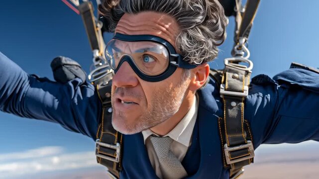 A man in a suit is jumping out of a plane with his mouth wide open. Concept of excitement and adventure, as the man is taking a risk and trying something new. The man's facial expression
