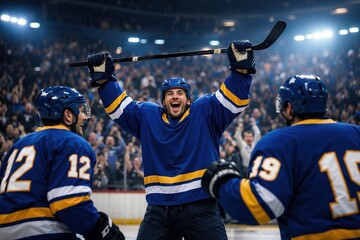 Ice hockey team celebrating win on rink after match. Concept of championship promotion, sports success visuals, team achievement branding, competitive league marketing, event highlight content.