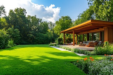 Fototapeta premium Contemporary House with Lush Green Lawn and Modern Landscaping: Serene Outdoor Living with Wooden Deck, Garden Flowers, and Mature Trees on a Sunny Day