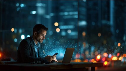 Businessman Working Late Night on Laptop and Phone Data Connection - Powered by Adobe