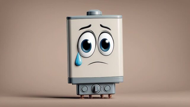 A sad cartoon face with water dripping from its eyes. The face is a gas water heater. Scene is sad and melancholic