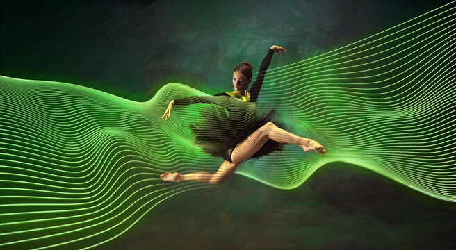 Dynamic artwork of contemporary dancer interacting with abstract green waves. Concept of modern performance ads, creative movement visuals, experimental art promo, and digital stage design.