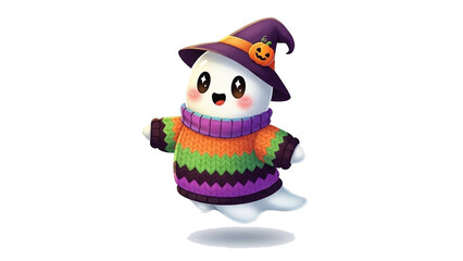 Cute cartoon ghost wearing a black witch hat and cape for Halloween
