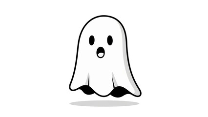 Cute cartoon ghost wearing a black witch hat and cape for Halloween