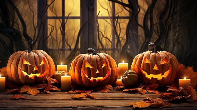Three spooky glowing jack-o'-lanterns for Halloween. Carved pumpkins with evil faces surrounded by candles and autumn leaves. A dark and mysterious holiday celebration scene