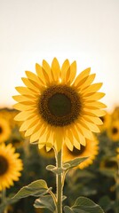 Obraz premium Close-up of a vibrant yellow sunflower in full bloom backlit by the warm golden hour sun in a field
