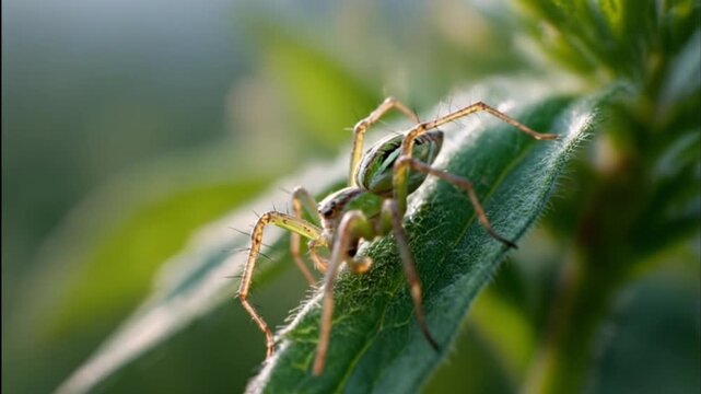A vibrant green spider, a fascinating arachnid, is meticulously captured in stunning macro detail, resting gracefully on a fresh green leaf. Its delicate, hairy legs and intricate body patterns are sh