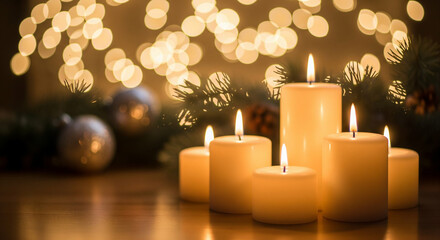 Softly lit candles on a wooden table with christmas decorations and bokeh lights