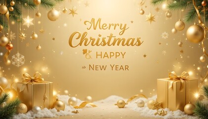 Merry Christmas and Happy New Year Golden Banner with Gift Box, Ribbon, and Festive Holiday Decorations