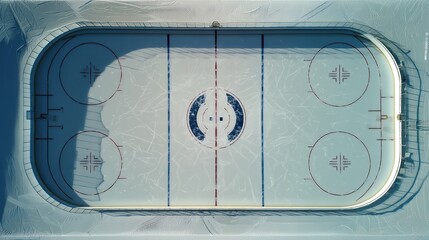 Top view of empty ice hockey rink with clean markings. Concept of sports venue presentation, arena branding materials, broadcast backgrounds, event preparation visuals, facility marketing content.