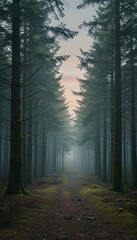 Fototapeta premium Forest path winding through tall evergreen trees shrouded in mystical fog, creating an atmospheric and serene natural landscape with soft light.