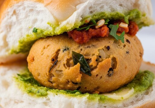 Closeup of indian vada pav sandwich with green chutney and spices
