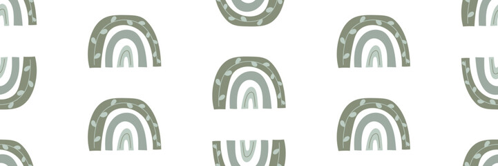 Boho seamless pattern with green rainbows. Minimal decorative background for baby and kids design. Vector illustration on an isolated background.