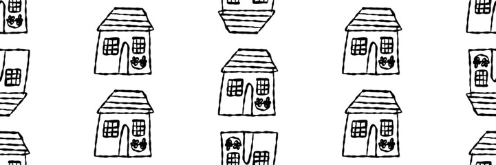 Cute seamless pattern with hand drawn homes in minimal doodle style. Scandinavian wallpaper with simple black outline. Vector illustration on an isolated background.
