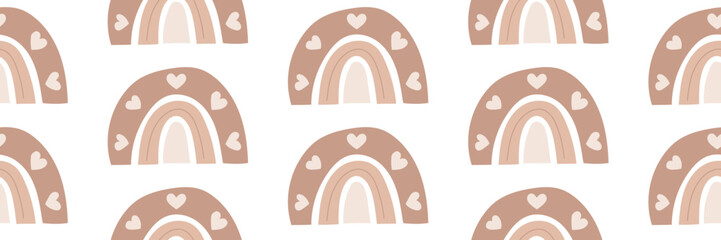 Boho seamless pattern with rainbows and tiny hearts. Soft baby design for textile or decor. Vector illustration on an isolated background.