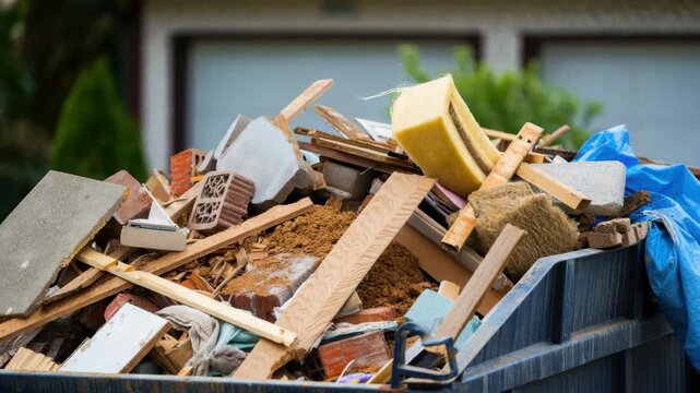 Massive pile of construction debris in a blue dumpster outdoors, wood planks bricks concrete blocks insulation foam drywall plywood metal pipes wiring cables tools dirt soil litter trash