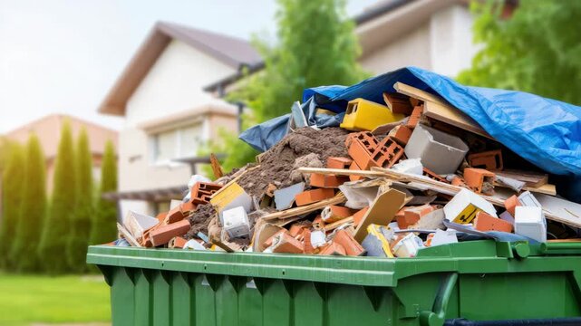 Green dumpster filled with construction debris in backyard of residential house. Renovation waste disposal after home repair, including bricks, wood, insulation, rubble, and other building materials