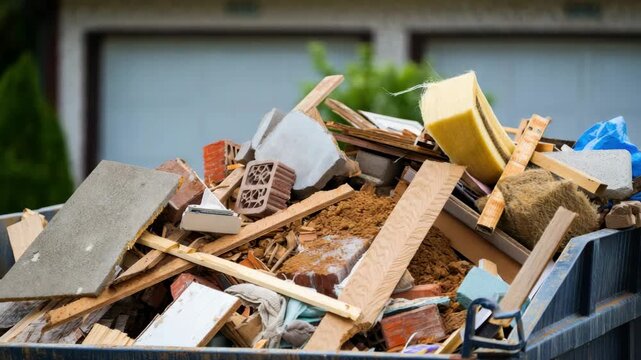 Construction waste container full of debris, renovation cleanup process, building materials disposal, demolition leftovers management, recycling sorting, construction site waste handling