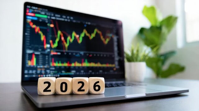 Wooden blocks with number 2026 on laptop keyboard against background of stock market charts on screen showing data analysis, financial trends, forecasting, and economic outlook for the upcoming year