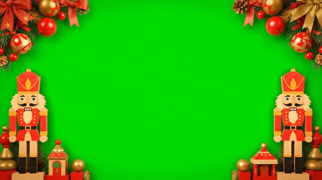 Christmas Nutcracker and Ornaments Green Screen Border
