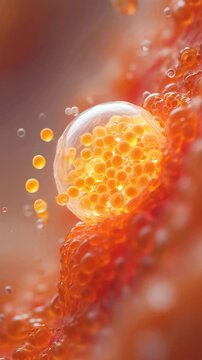 Highly detailed 3D microscopic view of lipid-filled adipocyte surrounded by orange adipose tissue, illustrating fat metabolism, cellular storage, biomedical visualization in metabolic health research
